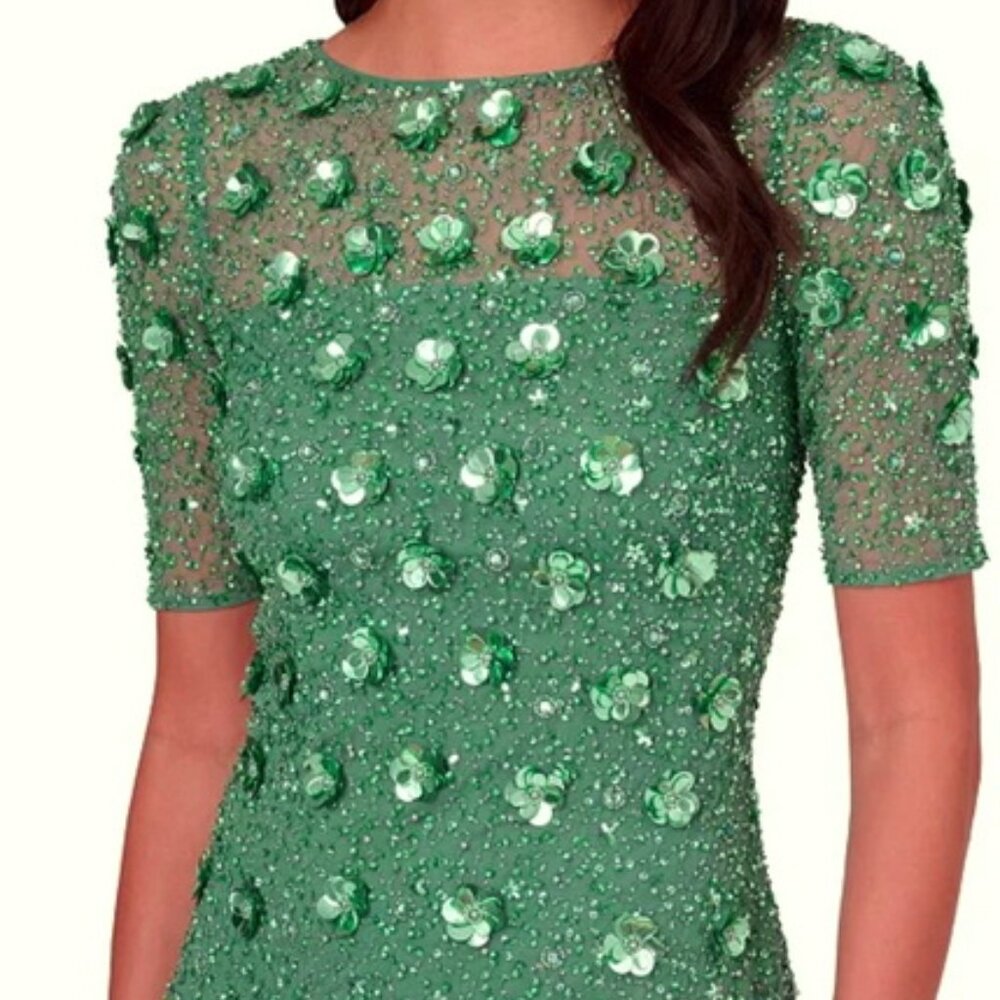 Adrianna Papell Green Slate 3-D Floral Beaded Evening Gown Dress - Picture 4 of 4